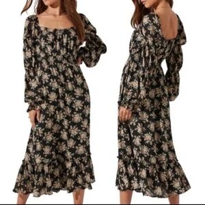 Astr Floral Cinched Long Sleeve Midi Peasant Dress Size Small Black Cream